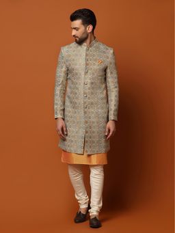KISAH - Orange Kurta with Sherwani and Churidar (Set of 3)