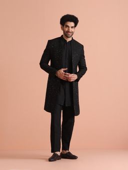 KISAH - Black Embellished Kurta with Sherwani and Trouser (Set of 3)