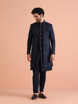 KISAH - Blue Embellished Kurta with Sherwani and Trouser (Set of 3)