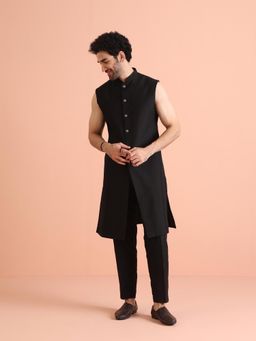 KISAH - Black Solid Long Jacket and Trouser (Set of 2)