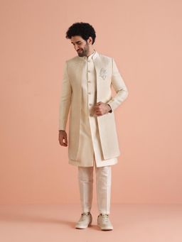 KISAH - Off White Long Jacket with Sherwani and Trouser (Set of 3)