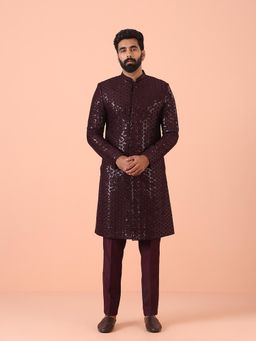 KISAH - Wine Embellished Sherwani and Trouser (Set of 2)
