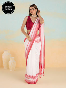 Likha - Red & White Karigar Korner Cotton Pujo Saree with Unstitched Blouse LIKKKSAR04