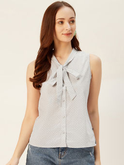 Xpose - Women White & Blue Ditsy Print Shirt Style Pure Cotton Top