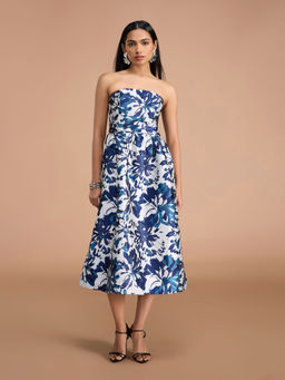 RSVP by Nykaa Fashion - Blue Floral Jacquard Tube Neck Smocked Back Midi Dress
