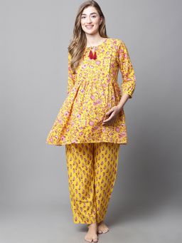 Secret Wish - Yellow & Red Cotton Floral Maternity Night Suit (Set of 2)
