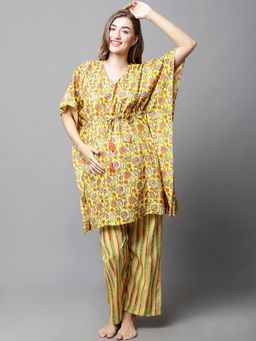 Secret Wish - Yellow & Red Cotton Floral Maternity Night Suit (Set of 2)