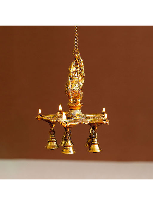 eCraftIndia Peacock Diya With Bell Metal Handcrafted Wall Hanging With Chain