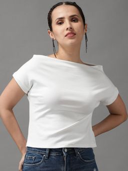 SHOWOFF - Womens Boat Neck White Regular Top