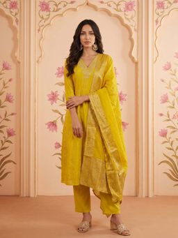 Gahan - Womens Yellow Zari Chanderi Kurta with Pant & Dupatta