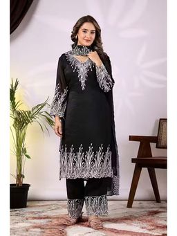 Gahan - Womens Black Silk Embroidered Straight Kurta with Palazzo & Dupatta