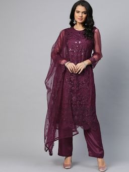 Readiprint - Net Wine Unstitched Dress Material (Set of 3)