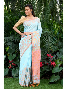 Beatitude - Blue Handloom Cotton Silk Saree with Unstitched Blouse