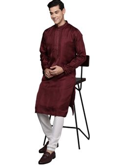 Manyavar - Men'S Maroon Satin Festive Wear Kurta Churidar (Set of 2)