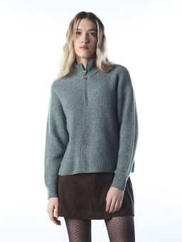 ONLY - Grey High Neck Zipper Full Sleeves Sweater