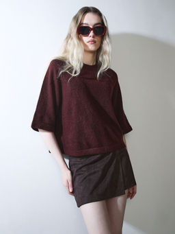 ONLY - Maroon Round Neck Pull On Three Fourth Sleeves Sweater