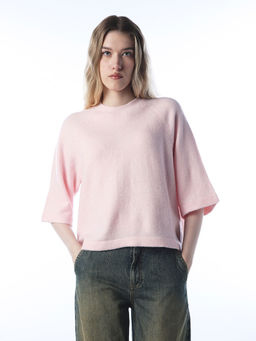 ONLY - Pink Round Neck Pull On Three Fourth Sleeves Sweater