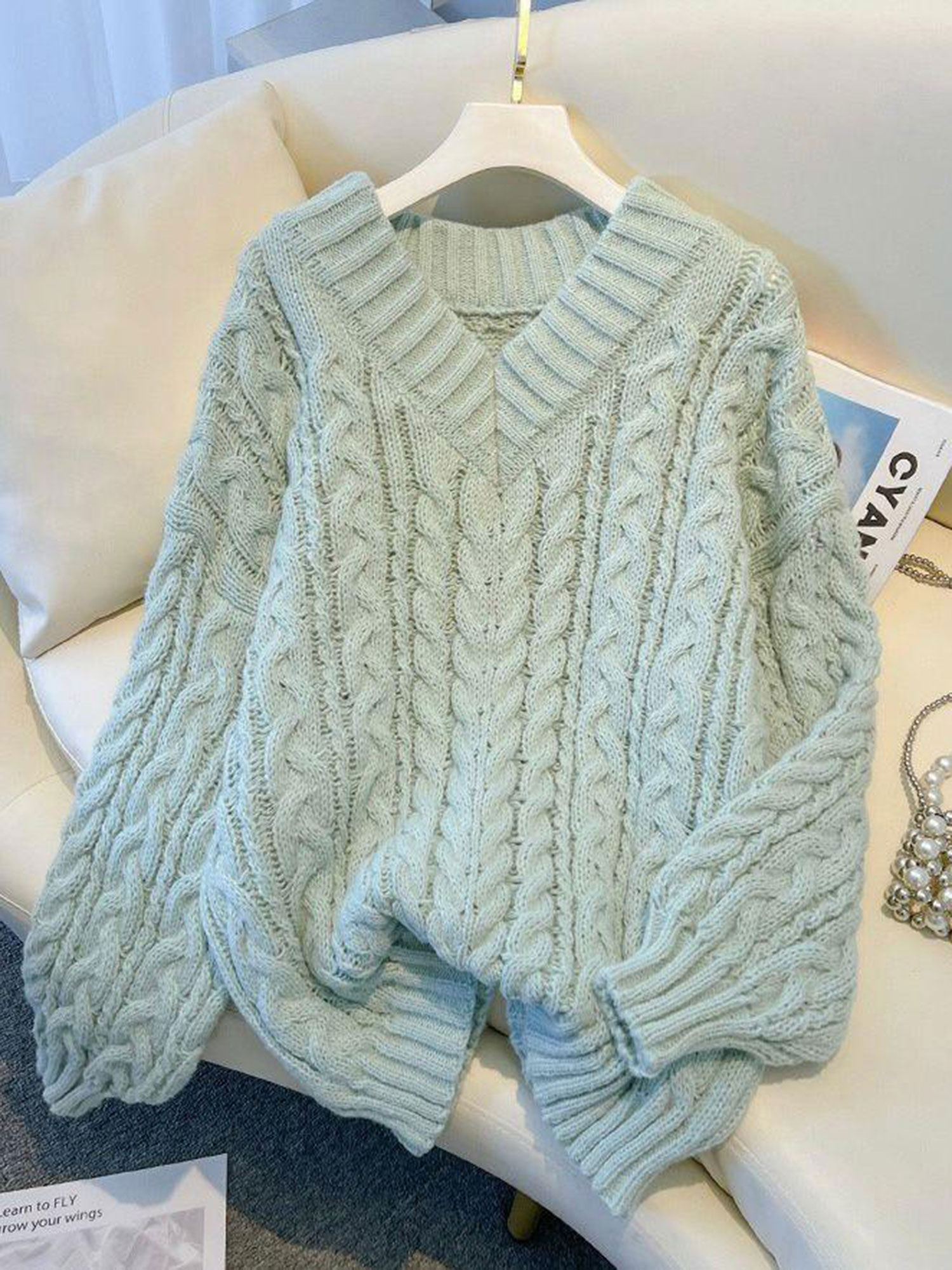 Green V-Neck Pull On Full Sleeves Sweater-picture-42