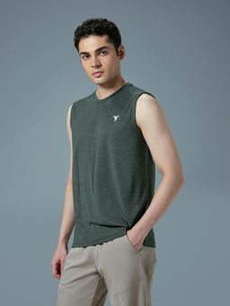 Technosport - Men Olive Double Cool Slim Fit Round Neck Sports Tank