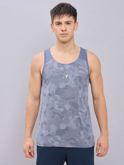 Technosport - Men Navy Blue Ventmesh Self Design Slim Fit Round Neck Sports Tank