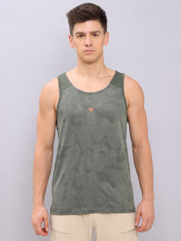 Technosport - Men Olive Ventmesh Self Design Slim Fit Round Neck Sports Tank