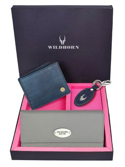 WILDHORN - Premium Leather Ladies Wallet, Mens Wallet and Keychain Gift -1K_GR_2052BLCR_K (Set of 3)