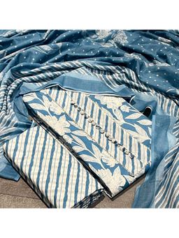 SALWAR STUDIO - Blue and White Cotton Unstitched Printed Dress Material