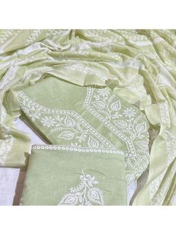 SALWAR STUDIO - Olive Green Cotton Unstitched Embroidered Dress Material