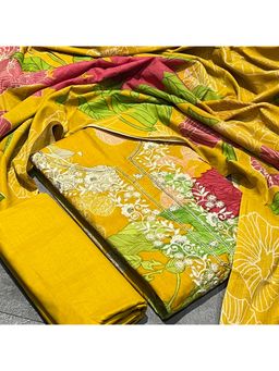 SALWAR STUDIO - Yellow Cotton Unstitched Embroidered Salwar Suit Dress Material