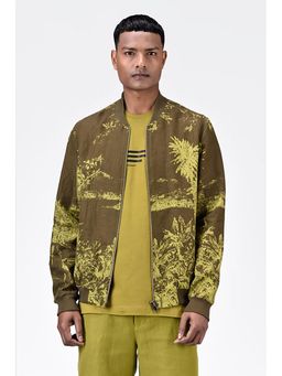 Genes Lecoanet Hemant - Men'S Linen Herringbone Easy Fit Bomber Jacket -Khaki
