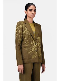 Genes Lecoanet Hemant - Slim Fit Linen Herringbone Jacket with Orchid Print Khaki