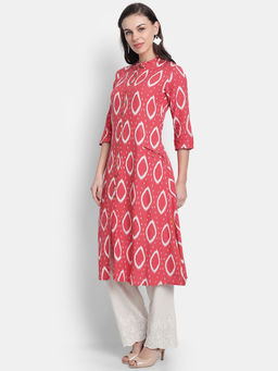 Suti - Women Rayon Linen Ikkat Printed A Line Long Kurta Red