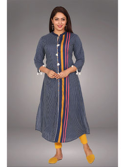 Suti - Women Cotton Half Front Open Long A Line Kurti Blue