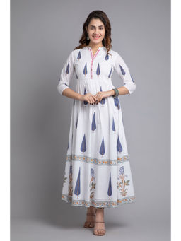 Suti - Women Rayon Floral Printed Long Flair Dress White