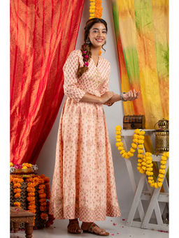 Suti - Women Viscose Embellished Printed Long Dress Peach Parfait