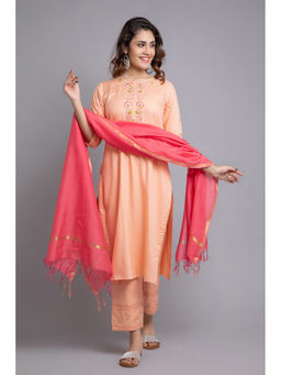 Suti - Women Rayon Twill Straight Kurta, Pant with Dupatta Peach (Set of 3)