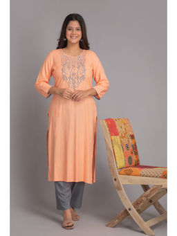 Suti - Women Rayon Slub Work Wear Embroidery Kurta and Pant Peach (Set of 2)