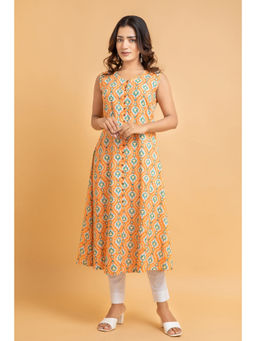 Suti - Women Rayon Screen Print Flared A Line Kurta Orange