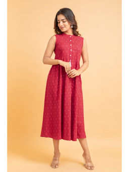 Suti - Women Rayon Effortlessly Sleeveless Aline Dress with Stand Collar Red