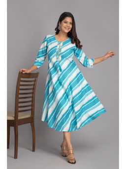 Suti - Women Rayon Lehariya Flared Midi Dress with Hand Printed Blue