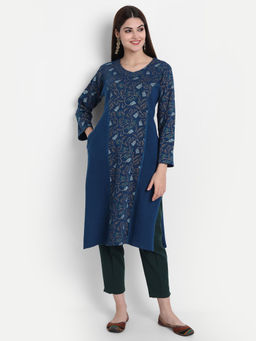 Suti - Women Woolen Printed A Line Kurta Classic Blue