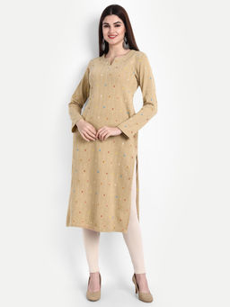 Suti - Women Woolen Printed A Line Kurta Beige