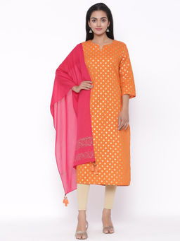 Suti - Women Cotton Gold Print Kurta with Dupatta Jaffa Orange (Set of 2)