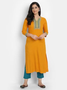 Suti - Women Rayon Staple Embroidery Work Kurta Mustard