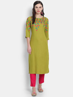 Suti - Women Rayon Slub Colourful Embroidery Work Kurta Green
