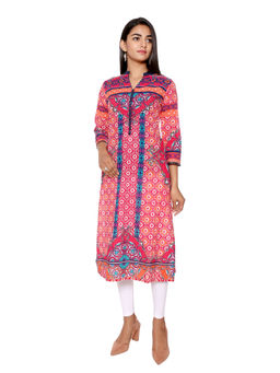 Suti - Women Cotton Printed A Line Long Kurta Coral