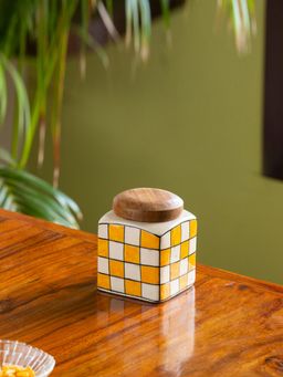 ExclusiveLane - 'Shatranj Checkered' Storage Jar & Container in Ceramic (Airtight, 480 ML, 4.3 Inch)