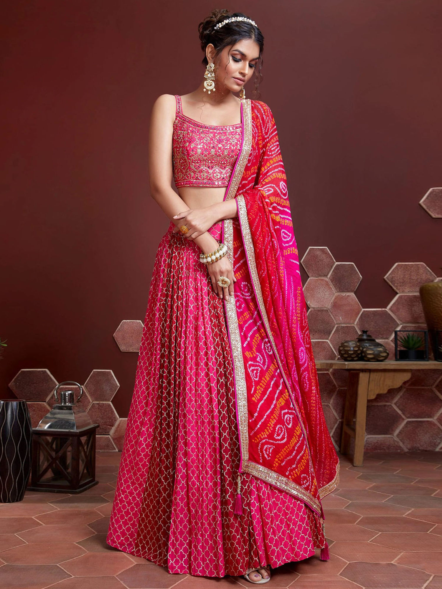 odette Pink Embellished Semi Stitched Lehenga with Unstitched Blouse & Dupatta (Set of 3)-picture-22