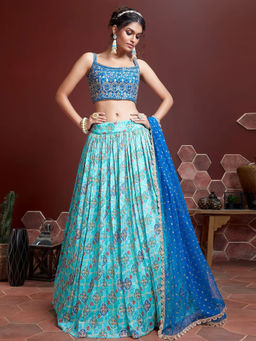 Odette - Blue Embellished Semi Stitched Lehenga with Unstitched Blouse & Dupatta (Set of 3)