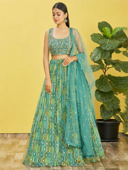 Odette - Green Embellished Semi Stitched Lehenga with Unstitched Blouse & Dupatta (Set of 3)